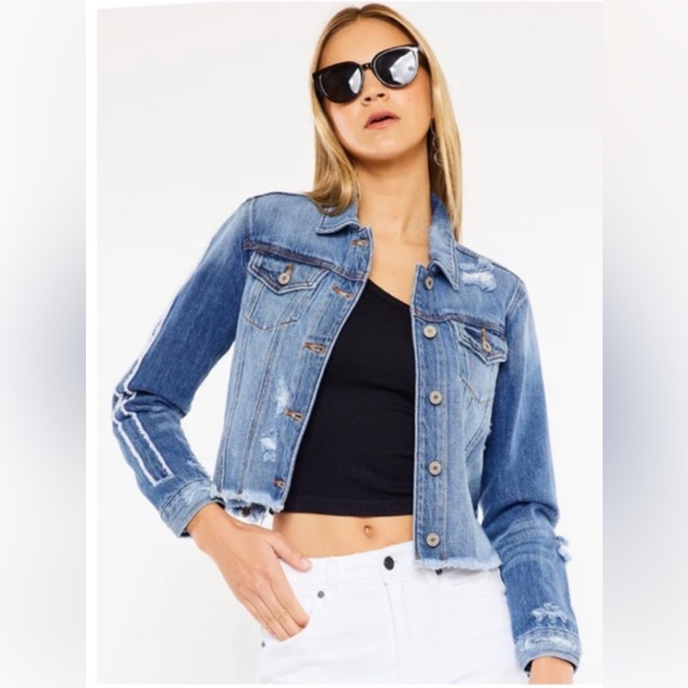 KANCAN “Sawyer” Blue Jean Distressed Cropped Denim Jacket, XL 617